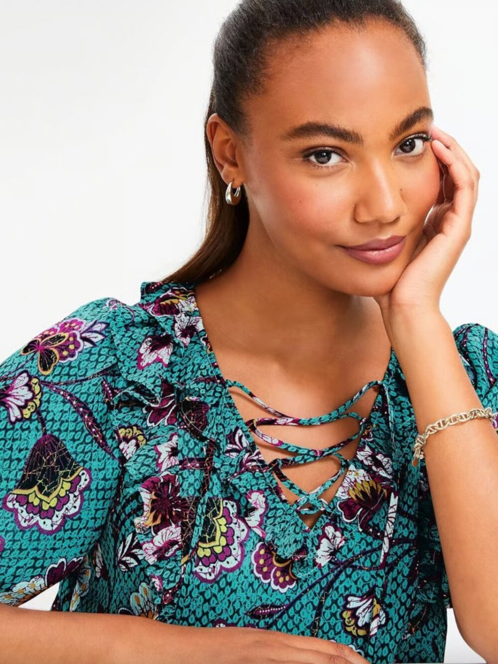 LOFT Teal Floral Ruffle-Detail Blouse